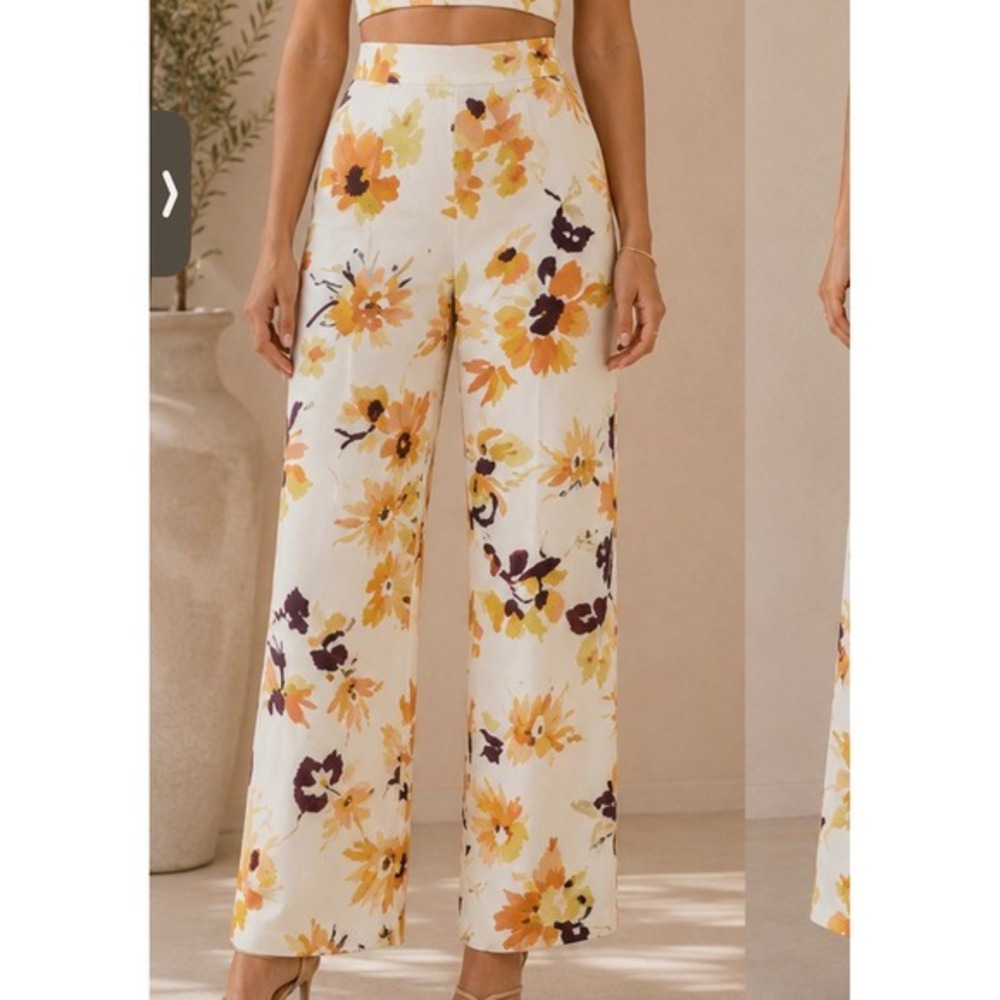 Aje Floral Linen High Waisted Wide Leg Pants Yellow Orange AU 8 US 4